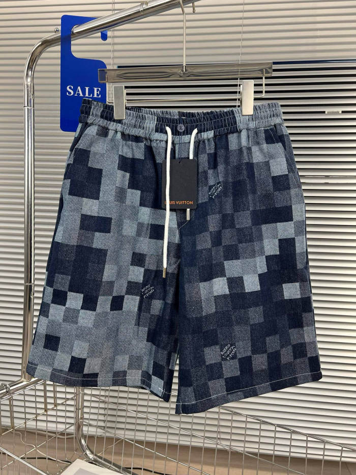 稀少 ルイヴィトン 偽物通販  カウボーイ水洗チェッカーキューブジャカードカジュアルワイドワイド足引き紐ゆるめショートパンツ