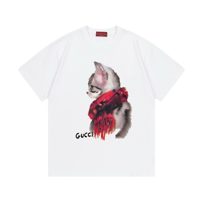 一目惚れ♪ グッチ スーパーコピー のデジタルストレートマフラー猫ロゴ男女同型半袖Tシャツ