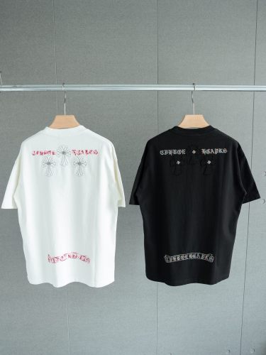 超話題! クロムハーツ コピーおすすめ の襟元サンスクリット十字架刺繍ラウンドネック半袖Tシャツ2色