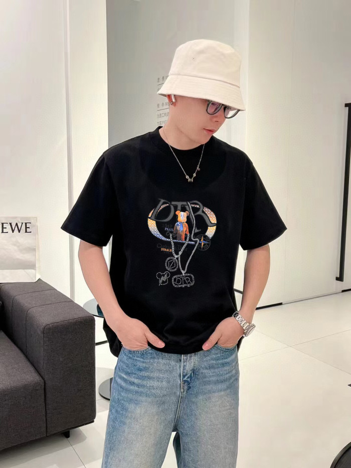 稀少 ディオール 激安通販 の定番ベアープリント+ドリルラウンドネック半袖Tシャツ