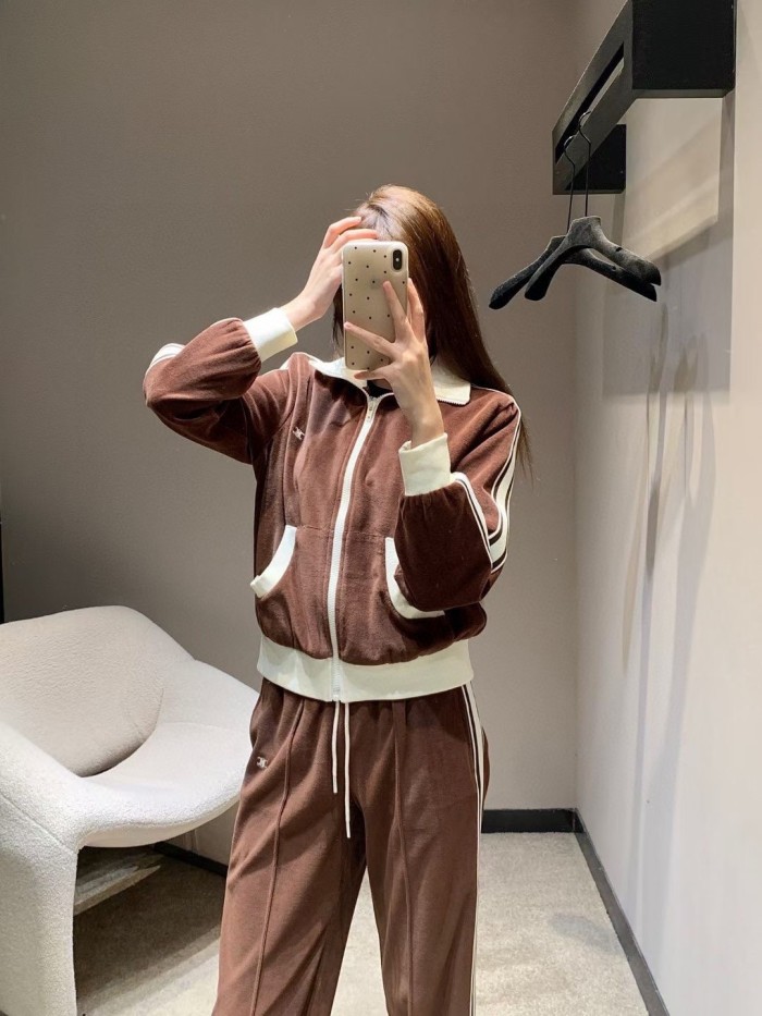 大人気 セリーヌ 偽物通販 の25 ssベルベットジョイントねじ編みジッパーコートにルーズウエストパンツスーツ2色