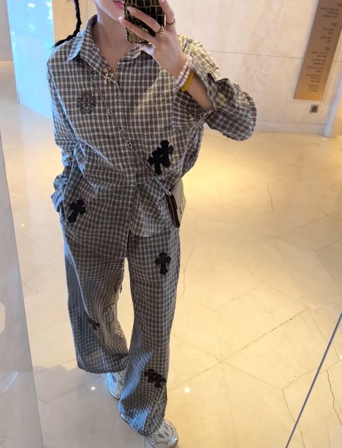 追跡付 クロムハーツ 偽物通販 の刺繍クロスチェックシャツロングパンツセット