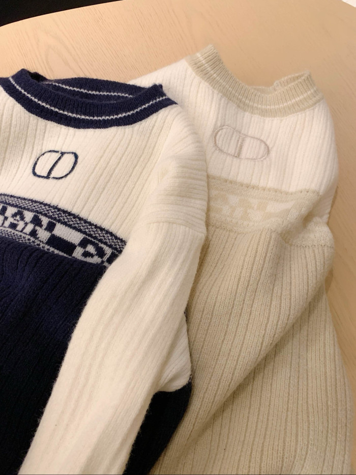 高品質 ディオール コピー の2025SS秋冬刺繍アルファベットジャカードクラッシュカラー丸首長袖ニットセーター