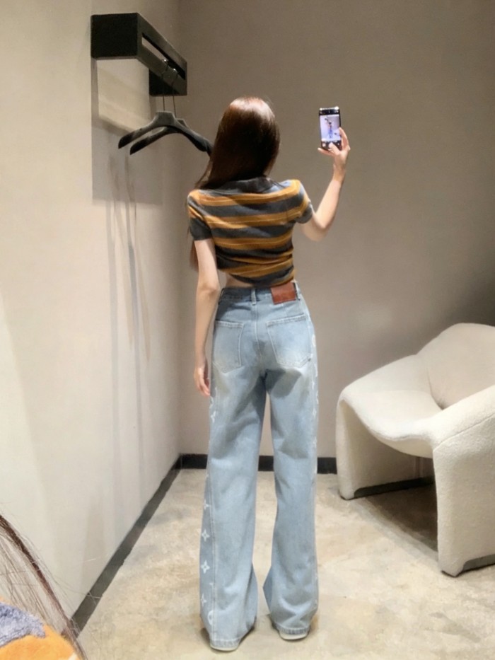 【限定】 ルイヴィトン 偽物通販 2026SS裾プリント ストレートデニムパンツ