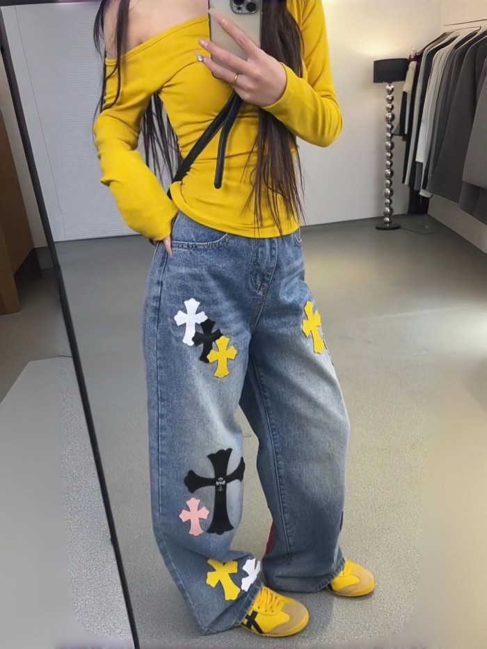 ★超人気 クロムハーツ 激安通販 の2026SSインパクトカラーのクロスデニムワイドパンツ