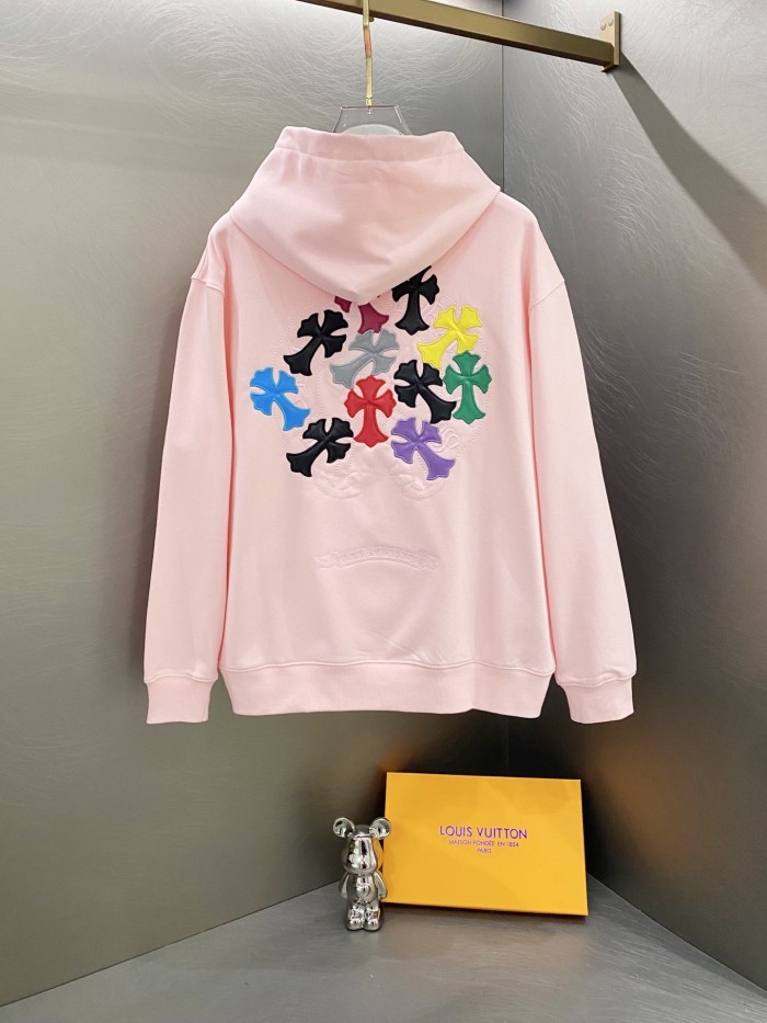 累積売上総額第１位！ クロムハーツ スーパーコピー の2026SS ピンクの皮張り刺繍連帽衛衣