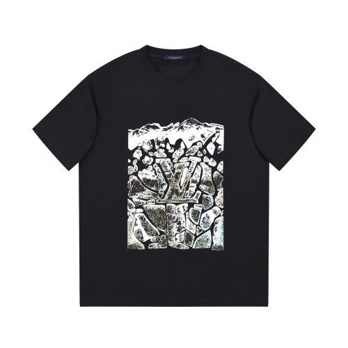 新作 ルイヴィトン 偽物通販 2026SS フロック発泡プリントラウンドネック半袖Tシャツ