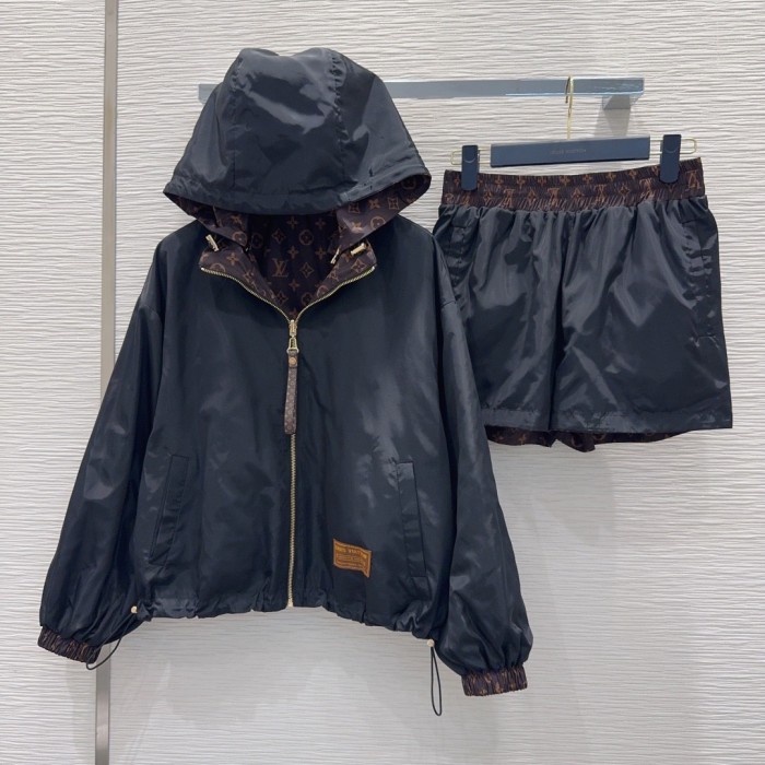 ★超人気 ルイヴィトン コピー 2026SS アルファベットプリント連帽ジッパーコートウエストゆるめパンツ