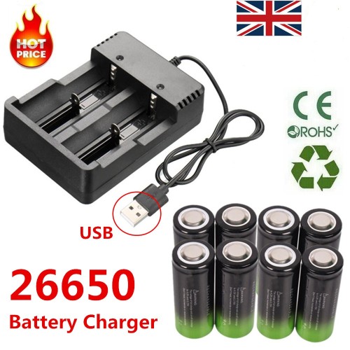 8PCS/SET 8X 26650 Battery Batteries 13800mAh 3.7V Li-ion Rechargeable Batteries With 2-Slot 26650 USB Charger UK Stock