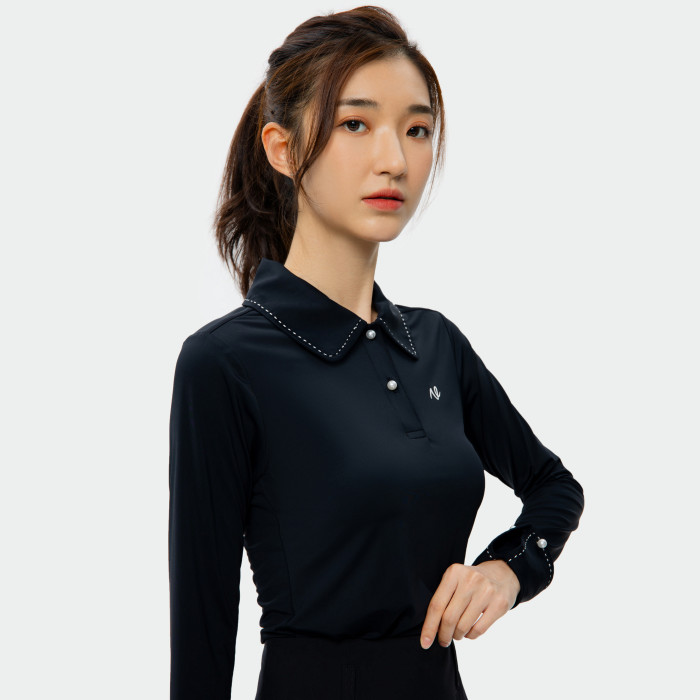 NETLS Golf Inlaid Black Long Sleeved Polo with Contrast Stitching