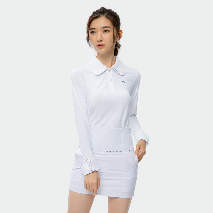 NETLS Golf Inlaid White Long Sleeved Polo with Contrast Stitching