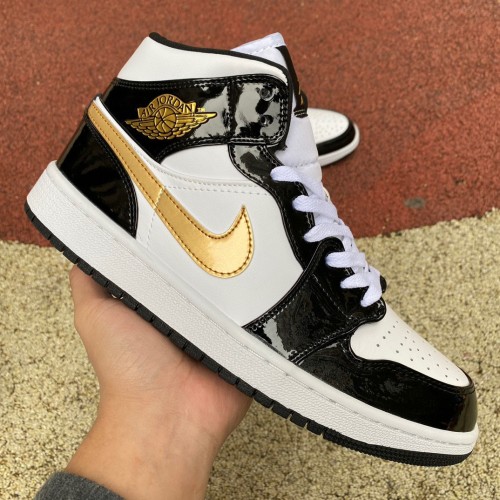 Air Jordan 1 Mid Patent Black White Gold