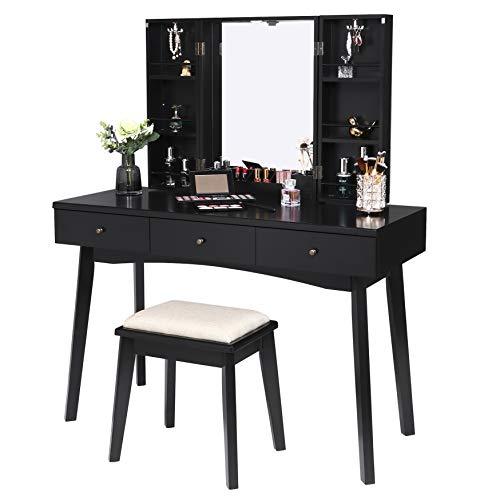 Vanity Makeup Set With Mirror, Black Makeup Vanity Set