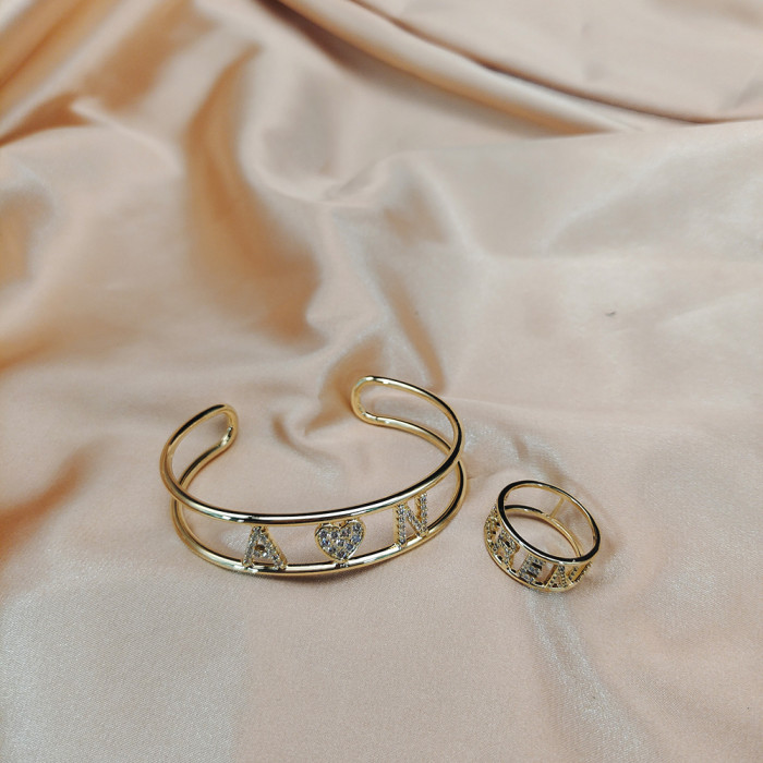Custom Name Bangle /Rings Set Gold Personalized Name Bracelet Copper for Women Custom Jewelry Set Gift