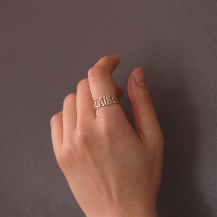 Hollow Letter Stainless Steel Custom Ring/Letter Engraved Rings for Women/Monogram Double Band Ring