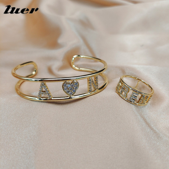 Custom Name Bangle /Rings Set Gold Personalized Name Bracelet Copper for Women Custom Jewelry Set Gift