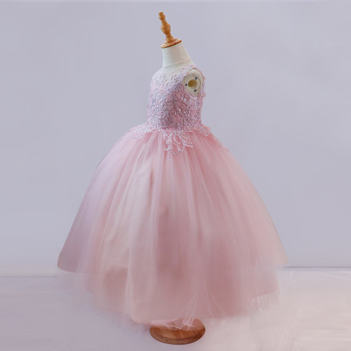 OEM/ODM High Quality Pink Ball Gown Beading Hard Net Long Flowr Girl Dress for Baby Girl
