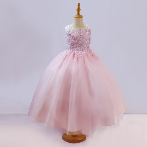 OEM/ODM High Quality Pink Ball Gown Beading Hard Net Long Flowr Girl Dress for Baby Girl