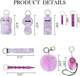 Keychain Set for Woman with Personal Safety Alarm, Kubaton Window Breaker Tool, Pom Pom and Lip Balm Lanyard Wirstlet
