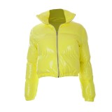 Gothic Style Crop Bubble Puffer Winter Warm Jacket Coats Faux Patent Leather Warm Long Sleeve Outerwear Zipper Grunge Parkas
