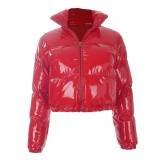 Gothic Style Crop Bubble Puffer Winter Warm Jacket Coats Faux Patent Leather Warm Long Sleeve Outerwear Zipper Grunge Parkas