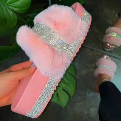 Summer Luxury Women Slippers Furry Upper Crystal Platform Heel Solid Color Outdoor Beach Slides Sexy Comfor Sandals Ladies Shoes