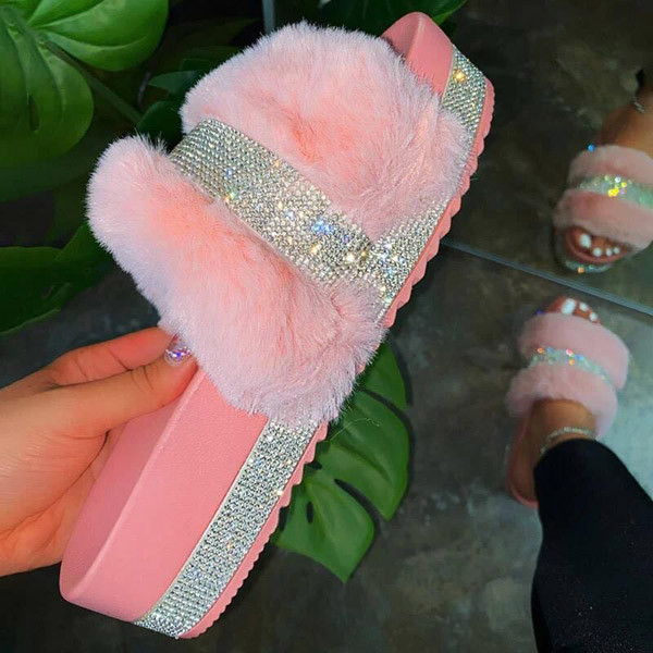 Summer Luxury Women Slippers Furry Upper Crystal Platform Heel Solid Color Outdoor Beach Slides Sexy Comfor Sandals Ladies Shoes