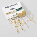 Metal Circle Earring Pearl Hoop Earrings Set Boho Earring Set for Women Girls Shiny Gold Leaf Tiered Pear