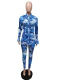 YS-F88378  In stock new fall flare sleeve blouse and pants printed stylish skinny plus size 2 piece set women clothing