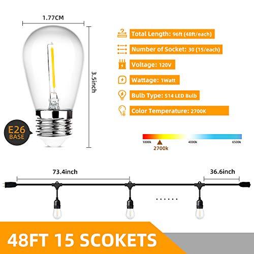 E26 15 Sockets Linkable Commercial Grade Hanging String Lights for Patio Deck Backyard 48ft 2 Packs LED Outdoor String Lights with Waterproof Shatterproof Dimmable 2700K Warm White Filament Bulbs
