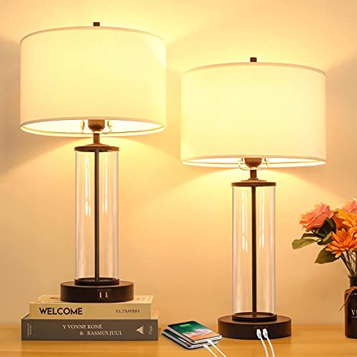 Touch Control Tall Glass Table Lamps For Living Room Set Of 2 Modern 3 Way Dimmable Bedside With Usb Ports White Fabric Drum Shades Reading Bedroom Nightstand Hotel Led Bulbs Included Touch Control Tall Glass Table Lamps, What Is The Best Height For Bedside Lamps