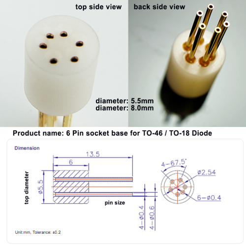 6 Pin Photodiode socket for TO-46 and TO-18 Diode