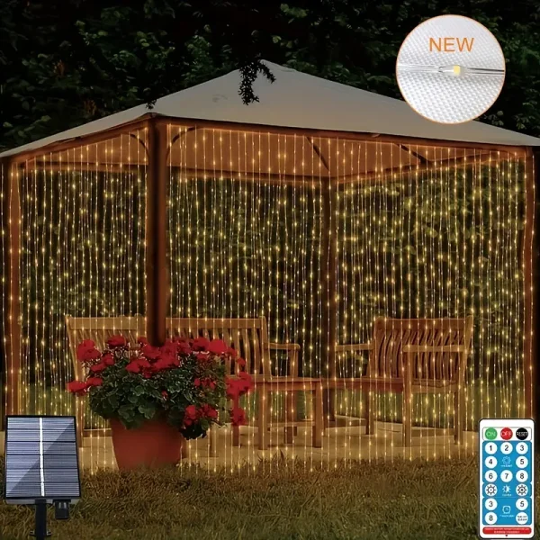 1pc 300 LEDs Solar Curtain Light, Rubber-insulated Wire, Outdoor Remote Control Light, 8 Lighting Modes Fairy Lights IP68 Waterproof Copper Wire Lights Christmas Party Wedding Home Bedroom Garden Wall Decor