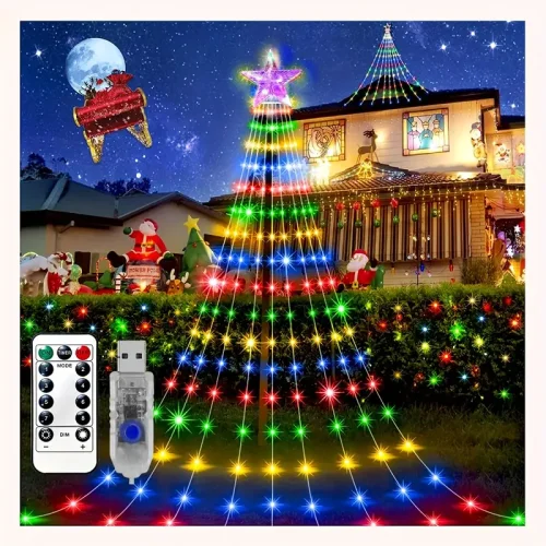 1pc Pentagram Christmas Decorative Light, USB Power Supply With Remote Control, LED Waterfall Christmas Tree Light, 8 Modes Lights For Indoor And Outdoor Courtyard, Party, Home And Holiday Christmas & Halloween Decorations