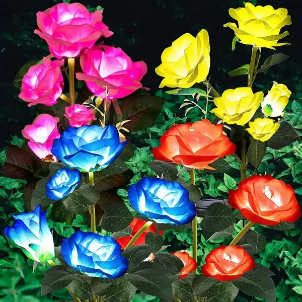 4pcs Flower Shaped Solar Flowers Garden Lights, Decorative 7 Color Changing Rose Lights, 20 Head Rose For Pathway Patio Yard Party Wedding Valentine's Day Outdoor Decoration (Red, Pink, Yellow, Blue)
