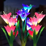 4pcs/6pcs Outdoor Solar Garden Lights With 4pcs Lily Flower Heads, Waterproof 7 Color Changing Outdoor Lights Solar Panel For Outdoor Patio Yard Garden Decoration
