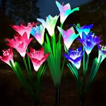 4pcs/6pcs Outdoor Solar Garden Lights With 4pcs Lily Flower Heads, Waterproof 7 Color Changing Outdoor Lights Solar Panel For Outdoor Patio Yard Garden Decoration