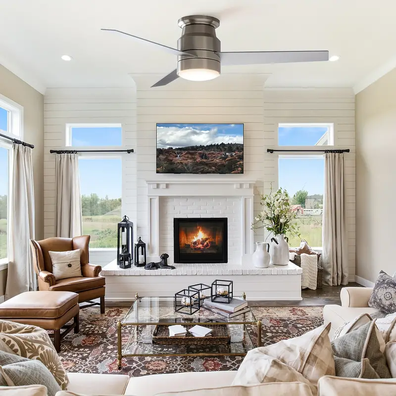 1pc Embedded Fan Light With Remote Control, Adjustable 3000k Color Temperature LED Light Source, 3-speed Wind, Glass Lampshade, 3 Double-sided Color Wooden Fan Blades, Suitable For Bedroom, Living Room, Basement, Kitchen, Dining Room (52 Inches)