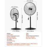 VEVOR 20 Inch Industrial Pedestal Fan, 3-Speed Oscillating Fan with Adjustable Height, 18/20/30 Inch Optional