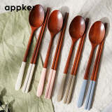 Appker Japanese Wooden Dinnerware Set 4-Piece – Colorful Long Handle Spoon & Chopstick Set – Handcrafted Reusable Cutlery Set for Halloween