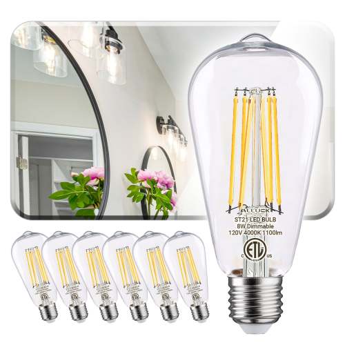 LED Edison bulb 8W, 1100 lumens dimmable LED bulb, 5000K cool white & 2700K warm white, 4000K daylight white, ST21/ST64 LED filament bulb, CRI 85+, E26 medium screw base, flicker-free, 6-pack, ETL certified