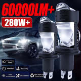 2-Pack H4 LED Projector Lens Car Headlight Bulbs 60000 Lumens 280W 8570 CSP Canbus Turbo Light High/Low Beam Dual Mode 12V Plug-and-Play Aluminum Housing with Fast Cooling Fan H4 Auto Headlight