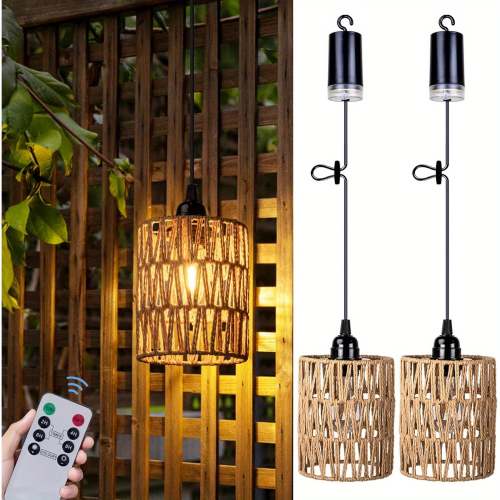 Battery-powered pendant light, battery hanging lantern, rattan light with warm white bulb, powered by 4 AA batteries, suitable for gazebo, pergola, porch, patio, outdoor and indoor decoration
