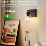 Battery Operated Wall Light Set 2/1, Rechargeable, Dimmable, Remote Control, Touch Control, USB-C Charging, Suitable for Living Room, Bedroom Black (Bulbs Included)