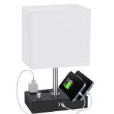 Bedroom table lamp, with dual USB ports, dimmable bedside lamp, with phone stand and 2 charging outlets, table lamp for nightstand and living room, LED bulb included