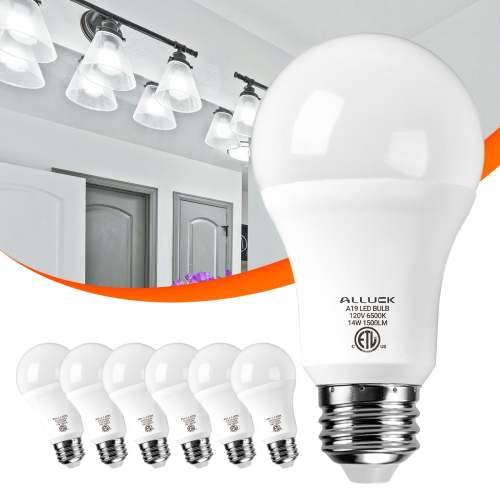 A19 LED bulb 6-pack, 14W 1500LM (100W equivalent), E26 base, selectable color temperature (3000K warm white / 5000K daylight / 6500K cool white), CRI 85+, flicker-free, long-lasting, eye-protection, non-dimmable