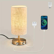 bronze gold round linen table lamp, US plug, bulb included, touch three-step dimming, with in-line switch, with USB charging port, bedroom bedside lamp, office desk lamp, study desk lamp