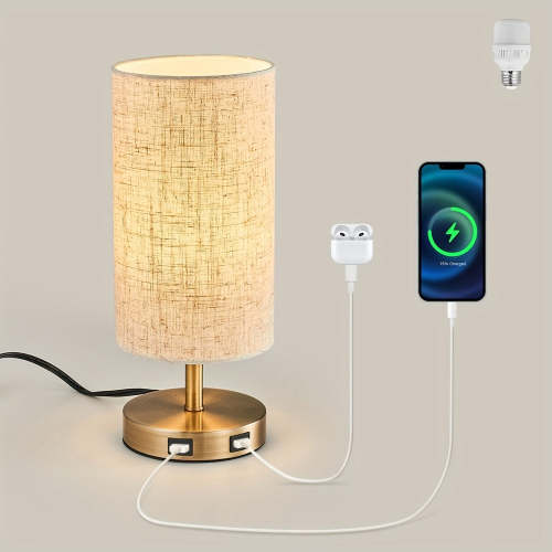 bronze gold round linen table lamp, US plug, bulb included, touch three-step dimming, with in-line switch, with USB charging port, bedroom bedside lamp, office desk lamp, study desk lamp