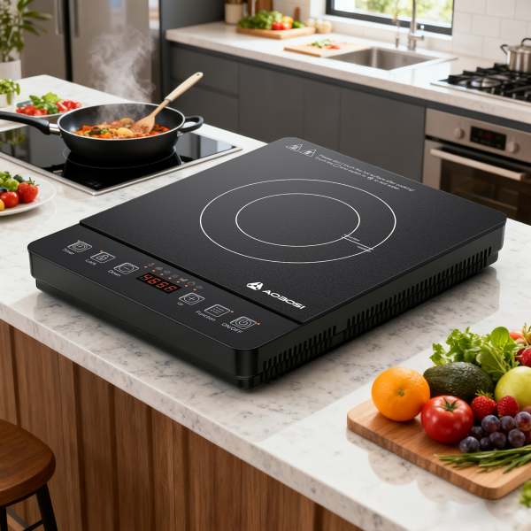 Portable Induction Cooktop, 1800W Powerful Output for Fast & Efficient Cooking, Blue LCD Display. Features 18 Power Levels, 20 Temperature Settings & Lock Function, Plus 3 Adjustable Cooking Programs.