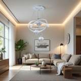 An LED pendant light with 3 spherical lamp heads and a surrounding light ring, featuring adjustable three color temperatures, adjustable height, and illuminated base; suitable for living room, dining room, bedroom, etc
